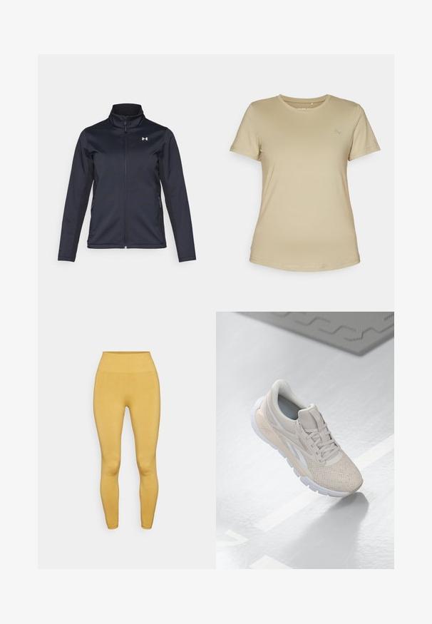 Navy windbreaker jacket with stand-up collar, full front zipper, and side pockets. Made from lightweight, textured fabric with a branded logo.; Beige short-sleeve t-shirt in a smooth, stretchy fabric. Features a round neckline and a subtle logo in the upper left chest area.; Yogasearcher ASA SEAMLESS LEGGING - Leggings - curry; Light beige athletic shoe with a perforated upper, textured accents, padded collar, and white rubber sole, designed for comfort and breathability.