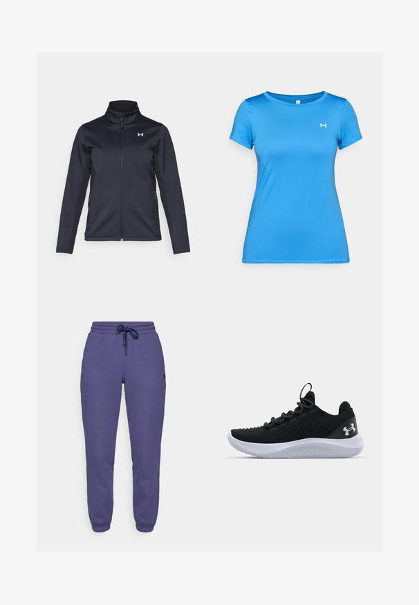 Jachetă de vânt de culoare navy cu guler în picioare, fermoar complet în față și buzunare laterale. Fabricată dintr-un material texturat, ușor, cu un logo de marcă.; Cămașă sportivă din material albastru, cu mâneci scurte, gât rotund și un mic logo alb Under Armour pe partea superioară a pieptului.; Pantaloni de trening mov, confecționați dintr-un material moale, având un tiv elastic cu șnur și tivuri strânse la glezne.; Pantofi sport negri cu un upper din plasă respirabilă, detalii texturate și o talpă din cauciuc albă. Au șireturi plate și o bandă pentru a-i trage de pe călcâi.
