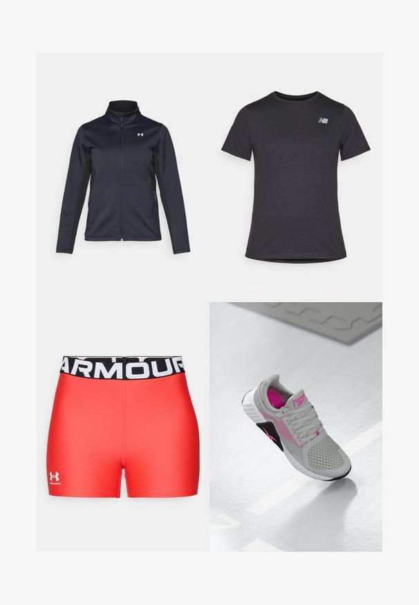 Mornarska vetrovka z uspravnim ovratnikom, polnim sprednjim zadrgo in stranskimi žepi. Narejena iz lahkega, strukturnega materiala z blagovno znamko.; Črna majica s kratkimi rokavi iz mehkega blaga, z majhnim sivim logotipom New Balance na zgornjem levem prsnem delu, klasična zasnova okroglega izreza.; Rdeč atletski šort s črnim pasom, natisnjenim z napisom "ARMOUR." Gladka tekstura z vezenim logotipom v beli barvi na spodnjem levem delu.; Sivi in roza Reebok športni čevlji z mrežastim zgornjim delom in podrobno podplatom, prikazani na odsevni beli površini.