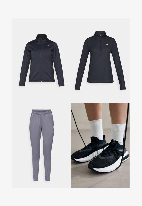 Tengerészkék szélálló dzseki, állógallérral, teljes hosszúságú cipzárral és oldalsó zsebekkel. Könnyű, struktúrált anyagból készült, márkás logóval.; Fekete, hosszú ujjú pulóver negyedcipzárral, struktúrált anyagból, karcsú szabásban, fehér logóval a bal mellkasi részen.; Szürke, karcsú fazonú sportnadrág, sima anyagból készült. Rugalmas derékpánttal rendelkezik, és két oldalzsebe fehér díszítéssel ellátott.; Fekete sportcipők textúrált anyagból, fehér talppal és fekete fűzőkkel. Fehér bordázott zoknikkal viselve, világos felületen állva.