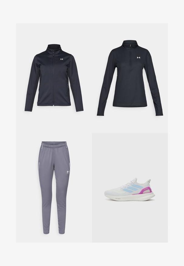 Navy windbreaker jacket with stand-up collar, full front zipper, and side pockets. Made from lightweight, textured fabric with a branded logo.; Black long-sleeve pullover with a quarter-zip collar, textured fabric, slim fit, and white logo on the left chest area.; Gray athletic pants with a slim fit, made from smooth fabric. Features an elastic waistband and two side pockets with white accents.; adidas Performance PUREBOOST 5 - Road running shoes - white/glow blue/purple burst