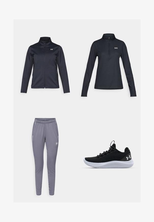 Navy windbreaker jacket with stand-up collar, full front zipper, and side pockets. Made from lightweight, textured fabric with a branded logo.; Black long-sleeve pullover with a quarter-zip collar, textured fabric, slim fit, and white logo on the left chest area.; Gray athletic pants with a slim fit, made from smooth fabric. Features an elastic waistband and two side pockets with white accents.; Black athletic shoes with a breathable mesh upper, textured detailing, and a white rubber sole. Features flat laces and a heel pull tab.