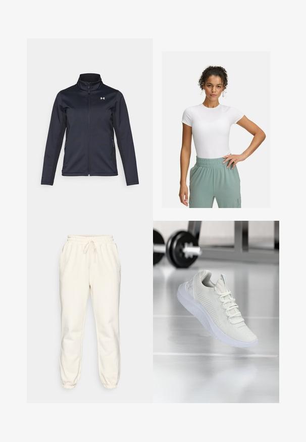Marine windbreakerjack met opstaande kraag, volledige ritssluiting aan de voorkant en zijzakken. Gemaakt van lichtgewicht, gestructureerde stof met een merkembleem.; Witte fitted t-shirt met korte mouwen, gecombineerd met lichtgroene broek met elastische tailleband. Gladde textuur, minimalistisch ontwerp en geen zichtbare patronen.; Crème-kleurige sweatpants gemaakt van zachte stof, met een elastische tailleband met trekkoord, zijzakken en taps toelopende boorden bij de enkels.; Witte sport sneaker met een gestructureerde mesh bovenkant en vetersysteem, voorzien van een gewatteerde witte zool en subtiele ribbelaccenten.