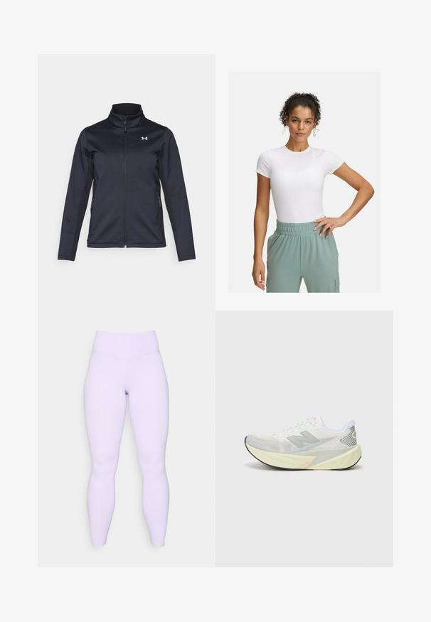 Námornícky vetrovka s vysokým golierom, plným zipsom na prednej strane a bočnými vreckami. Vyrobená z ľahkej textúrovanej látky s logom značky.; Biely priliehavý tričko s krátkymi rukávmi, kombinované s nohavicami so svetlozeleným elastickým pásom. Hladká textúra, minimalistický dizajn a žiadne viditeľné vzory.; Fialové legíny s vysokým pásom, vyrobené z elastického a hladkého materiálu. Úzky strih bez viditeľných vzorov alebo akcentov.; Ľahká bežecká obuv s šedo-bielou sieťovinou, výrazným logom 'N' a žltou medzipodrážkou s šikmými akcentmi. Čierna podrážka.
