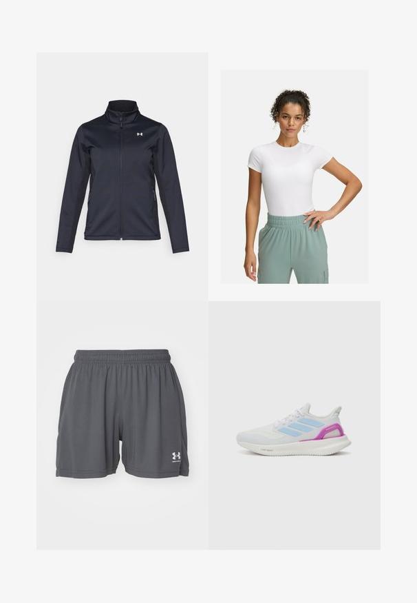 Jūras spēku vēja jaka ar paceltu apkakli, pilnu priekšējo rāvējslēdzēju un sānu kabatām. Izgatavota no viegla, tekstūrēta auduma ar zīmola logo.; Balta pieguļoša T-kreklā ar īsām piedurknēm, kombinēta ar gaiši zaļām elastīgām biksēm. Gluda tekstūra, minimālisma dizains, bez redzamām rakstainām detaļām.; Pelēki sporta šorti, kas izgatavoti no viegla auduma, ar elastīgu jostasvietu un baltu logo kreisajā apakšējā kājā. Gluda tekstūra.; adidas Performance PUREBOOST 5 - Apavi skriešanai pa asfaltu - white/glow blue/purple burst