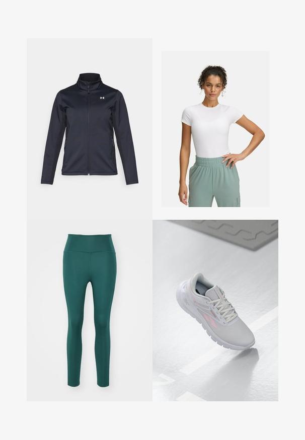 Giacca a vento navy con colletto rialzato, zip frontale a tutta lunghezza e tasche laterali. Realizzata in tessuto leggero e testurizzato con logo del marchio.; T-shirt bianca aderente con maniche corte, abbinata a pantaloni con elastico in vita di colore verde chiaro. Texture liscia, design minimalista e nessun motivo visibile.; Leggings a vita alta in verde petrolio, realizzati in un tessuto liscio e elasticizzato. Presentano un design aderente senza cuciture o pattern visibili.; Scarpa sportiva grigia chiara con accenti rosa, parte superiore in rete, punta arrotondata, suola imbottita e chiusura con lacci. La superficie è liscia e riflettente.