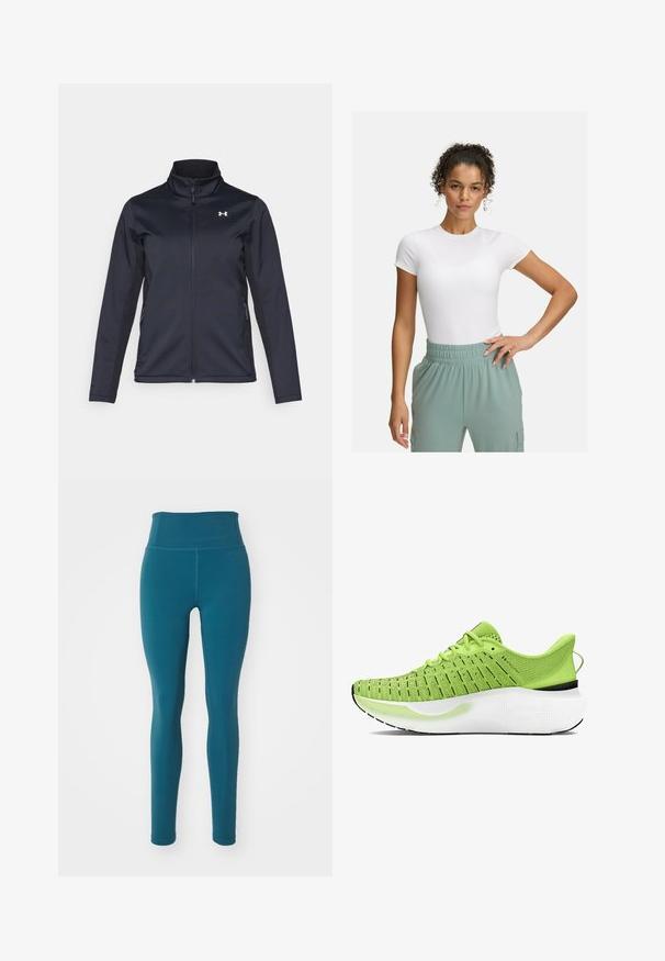 Jūras spēku vēja jaka ar paceltu apkakli, pilnu priekšējo rāvējslēdzēju un sānu kabatām. Izgatavota no viegla, tekstūrēta auduma ar zīmola logo.; Balta pieguļoša T-kreklā ar īsām piedurknēm, kombinēta ar gaiši zaļām elastīgām biksēm. Gluda tekstūra, minimālisma dizains, bez redzamām rakstainām detaļām.; Girlfriend Collective FLOAT LEGGING LONG - Legingi - dark ixia; Zaļas adītas sporta kurpes ar baltu starppedni, melnu gumijas zoli un teksturētu virsu, kurā ir horizontālas svītras. Iekļautas regulējamas kurpju šņorītes.