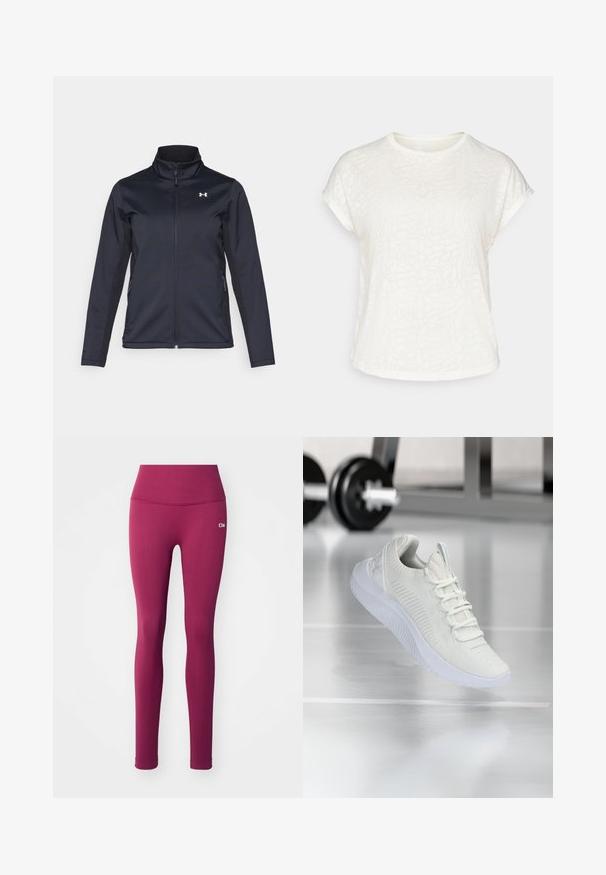 Jūras spēku vēja jaka ar paceltu apkakli, pilnu priekšējo rāvējslēdzēju un sānu kabatām. Izgatavota no viegla, tekstūrēta auduma ar zīmola logo.; Balts īsām piedurknēm t-krekls ar teksturētu ziedu rakstu, apaļu kakla izgriezumu un brīvu piegriezumu. Izgatavots no mīksta, viegla auduma.; Violets svītrainas leggingas ar augstu jostas vietu un mazu baltu logotipu. Audums izskatās elastīgs un gluds, piemērots aktīvai valkāšanai.; Baltas sporta apavi ar teksturētu sietu augšdaļu un sasiešanas sistēmu, ar mīkstu baltu zoli un smalkiem ribotiem akcentiem.