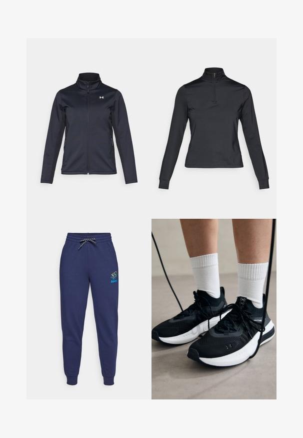 Tengerészkék szélálló dzseki, állógallérral, teljes hosszúságú cipzárral és oldalsó zsebekkel. Könnyű, struktúrált anyagból készült, márkás logóval.; Fekete, hosszú ujjú pulóver, magas cipzáras gallérral, sima anyagból készült. Feszes ujjak és cropped fazon jellemzi.; Tengerészkék melegítőnadrág húzózsinórral és bokakötőkkel. Élénk színekben feltűnő Lotto logó található a bal combján. Puha anyagból készült.; Fekete sportcipők textúrált anyagból, fehér talppal és fekete fűzőkkel. Fehér bordázott zoknikkal viselve, világos felületen állva.