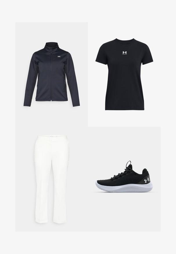 Marineblå vindjakke med oppstående krage, hel glidelås foran og sidelommer. Laget av lett, teksturert stoff med et merket logo.; Svart t-skjorte med kort erm laget av bomull. Har rund hals og en hvit Under Armour-logo på brystet. Enkelt, ensfarget design.; Hvite bukser med rette ben, flat midje, diskrete brettdetaljer og ingen synlige lommer. Glatt tekstur, klassisk design.; Sorte atletiske sko med en pustende mesh-overdel, teksturert detailing og en hvit gummisåle. Har flate snører og en pull-tab på hælen.
