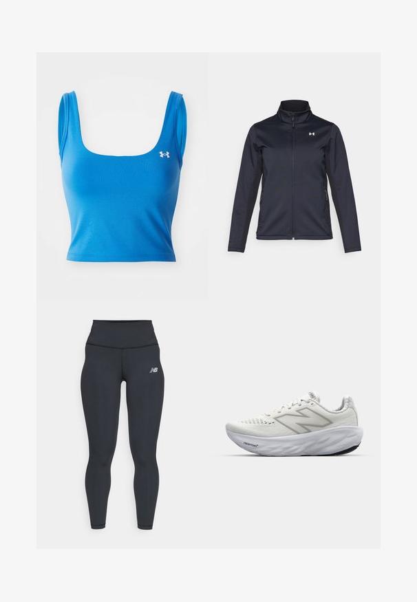 Laivaston tuulenpitävä takki, jossa on pystykaulus, täyspitkä vetoketju ja sivutaskut. Valmistettu kevyestä, teksturoidusta kankaasta, jossa on brändätty logo.; Sininen urheilullinen lyhyt yläosa, jossa on neliön muotoinen pääntie ja ohuet hihnat. Valmistettu sileästä, joustavasta materiaalista. Vasemmalla puolella logo.; Mustat urheilulegginsit korkealla vyötäröllä, jossa on sileä kangastunne ja pieni valkoinen New Balance -logo reidessä.; Valkoiset urheilukengät, joissa on verkkonauhainen päällinen, pehmustettu kaula, teksturoitu pohja ja "Fresh Foam" -merkintä välipohjassa.