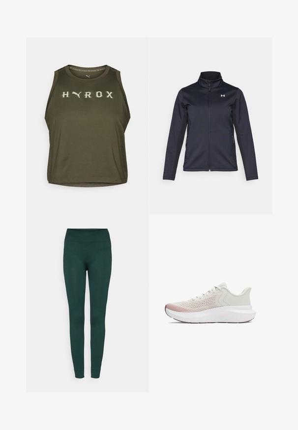 Navy windbreaker jacket with stand-up collar, full front zipper, and side pockets. Made from lightweight, textured fabric with a branded logo.; Olive green sleeveless crop top with "HYROX" logo in light color, made of smooth fabric with a round neck and a slightly loose fit.; Dark green ribbed leggings with a high waistband, tapered legs, and a soft texture, designed for comfort and flexibility in movement.; Lightweight athletic shoes with a breathable white mesh upper, gradient pink accents, and a thick white sole with textured detailing.