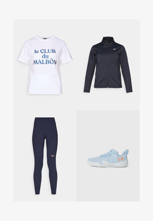 Tumed windbreaker jakk, millel on püstine krae, täispikk tõmblukk ja küljetaskud. Valmistatud kergest, tekstureeritud kangast, millel on bränditud logo.; Valge puuvillane t-särk lühikeste varrukatega. Sinise tikandiga tekst "le CLUB du MALBÔN." Klassikaline ümmargune kaelus.; Tumesinised retuusid kõrge vöökoht, valmistatud venivast materjalist. Alumisel vasakul säärel on roosa logo. Sujuv ja keha kuju järgiv disain.; Heled sinine spordijalanõud, mis on valmistatud võrgumaterjalist, millel on tekstuuriga talla, esitades oranži logo ja paeltega disaini.