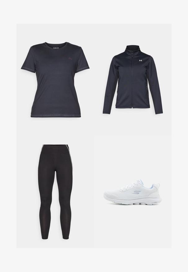 Jūras spēku vēja jaka ar paceltu apkakli, pilnu priekšējo rāvējslēdzēju un sānu kabatām. Izgatavota no viegla, tekstūrēta auduma ar zīmola logo.; T-krekls ar īsām piedurknēm, apaļu kakla izgriezumu tumši zila krāsā ar gludu faktūru un kontrastējošu rozā logotipa akcentu krūtīs.; Melnas legingas, kas izgatavoti no elastīga materiāla ar augstu jostasvietu. Iezīmē balti sānu svītras un gludu tekstūru visā virsmā.; Baltie sporta apavi ar elpojošu acu materiālu, gaiši ziliem akcentiem un mīkstu zolīti ar teksturētu saķeres rakstu.