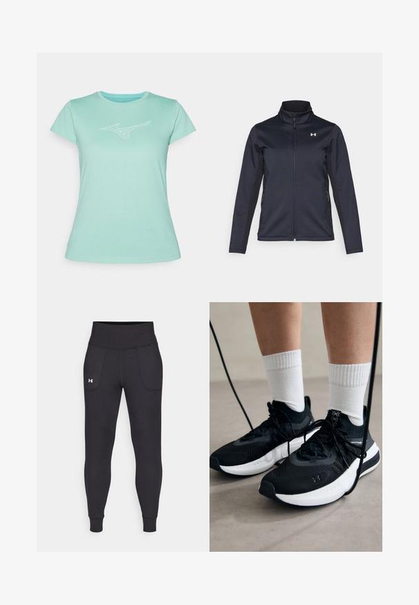 Casaco corta-vento azul-marinho com gola alta, fecho éclair frontal completo e bolsos laterais. Feito de um tecido leve e texturizado com um logótipo da marca.; T-shirt verde menta feito de algodão macio. Apresenta um decote redondo e mangas curtas, com um logótipo branco impresso no peito.; Leggings atléticos pretos, feitos de material elástico, com uma cintura alta, bolsos laterais e punhos ajustados no tornozelo.; Sapatilhas desportivas pretas com tecido texturizado, sola branca e atacadores pretos. Usadas com meias brancas caneladas, a pé sobre uma superfície clara.