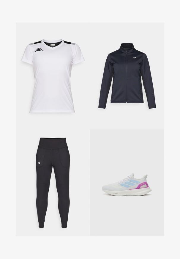 Casaco corta-vento azul-marinho com gola alta, fecho éclair frontal completo e bolsos laterais. Feito de um tecido leve e texturizado com um logótipo da marca.; Camiseta atlética branca feita de tecido leve. Apresenta um decote em V, mangas curtas e pormenores em preto nos ombros. Logótipo da Kappa no peito.; Leggings atléticos pretos, feitos de material elástico, com uma cintura alta, bolsos laterais e punhos ajustados no tornozelo.; adidas Performance PUREBOOST 5 - Sapatos para corrida em estrada - white/glow blue/purple burst