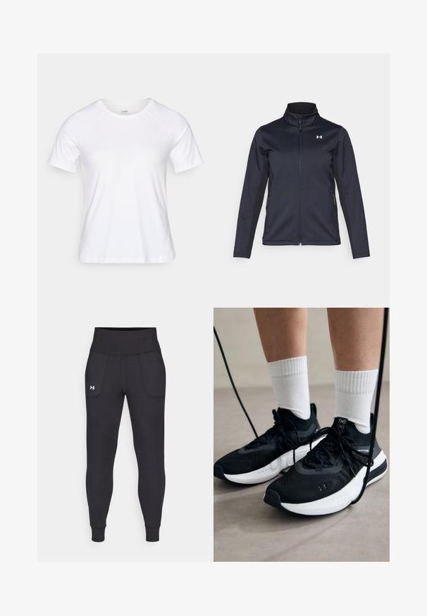 Mornarska jakna na vjetar s visokim ovratnikom, punim munjašom i bočnim džepovima. Izrađena od lagane, teksturirane tkanine s brendiranim logotipom.; Bijela majica kratkih rukava od meke pamučne mješavine, s okruglim izrezom i raglan rukavima, glatke teksture bez uzoraka.; Crne sportske tajice napravljene od rastezljivog materijala, sa visokim pojasom, bočnim džepovima i uskim manžetama na gležnjevima.; Crne atletske cipele s teksturiranim materijalom, bijelim potplatima i crnim vezicama. Nosene s bijelim rebrastim čarapama, stojeći na svijetloj površini.