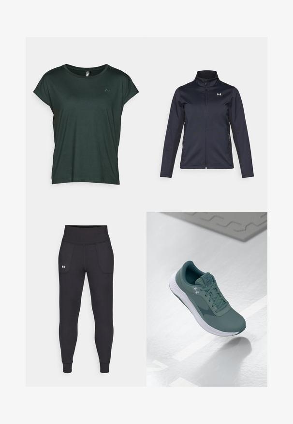 Marineblå vindjakke med oppstående krage, hel glidelås foran og sidelommer. Laget av lett, teksturert stoff med et merket logo.; ONLY Play ONPAUBREE LIFE ON BAT LOOSE - T-skjorte til trening - scarab; Svarte sportsleggings laget av elastisk materiale, med høy midje, sidelommer og tettsittende mansjetter ved ankelen.; Mørk teal Under Armour løpesko med hvit såle, vist svevende over en reflekterende overflate med snøringen bundet.