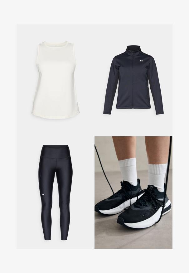 Navy windbreaker jacket with stand-up collar, full front zipper, and side pockets. Made from lightweight, textured fabric with a branded logo.; Sleeveless white top in smooth fabric, featuring a round neckline and curved hem. Simple design without patterns or embellishments.; Black leggings made of smooth, stretchy material with a high waistband. Features a white logo on the left thigh and fitted design.; Black athletic shoes with textured fabric, white sole, and black laces. Worn with white ribbed socks, standing on a light surface.