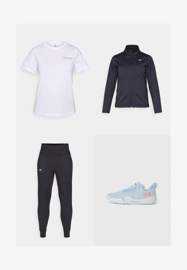 Jūrų laivyno vėjyje nepralaidi striukė su stovinčiu apykakle, pilnu priekiniu užtrauktuku ir šoninėmis kišenėmis. Pagaminta iš lengvo, tekstūrinio audinio su prekinio ženklo logotipu.; Baltas medvilnės marškinėlis trumpomis rankovėmis, su mažuoju išsiuvinėtu "Champion" logotipu šviesiai purpurine spalva kairėje krūtinės pusėje.; Juodos sportinės leginsai, pagaminti iš tamprių medžiagų, su aukštu juosmeniu, šoninėmis kišenėmis ir priglundančiomis blauzdų manžetėmis.; Šviesiai mėlynas sportinis batas, pagamintas iš tinklinės medžiagos, su tekstūruotu padu, su oranžiniu logotipu ir šnuromis.