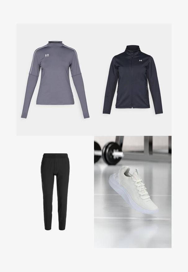Mørkeblå vindjakke med opretstående krave, fuld frontlynlås og sidelommer. Fremstillet af letvægtigt, struktureret stof med et brandet logo.; Langærmet grå sportsbluse med høj hals, hvide accenter på skuldrene og et Under Armour-logo på venstre bryst. Materialet er glat.; Sorte tapered bukser med elastisk talje, der har en glat tekstur og minimalistisk design. Letvægtsmateriale for komfort.; Hvide atletiske sneakers med et tekstureret mesh-overdel og snøresystem, med en polstret hvid sål og subtile ribbede detaljer.