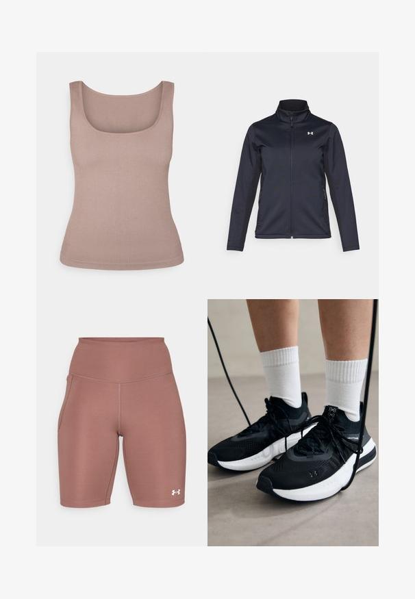 Námořnická větrovka s vysokým límcem, plným předním zipem a bočními kapsami. Vyrobena z lehké, strukturované látky s logem značky.; Ribbed top bez rukávů v jemné béžové barvě, s hranatým výstřihem. Materiál má hladký povrch a fitted střih.; Sportovní šortky s vysokým pasem v tlumené růžové barvě. Vyrobené z hladkého, elastického materiálu, s boční kapsou a bílým logem blízko lemu.; Černé sportovní boty s texturovanou tkaninou, bílou podrážkou a černými tkaničkami. Nosené s bílými žebrovanými ponožkami, stojící na světlém povrchu.