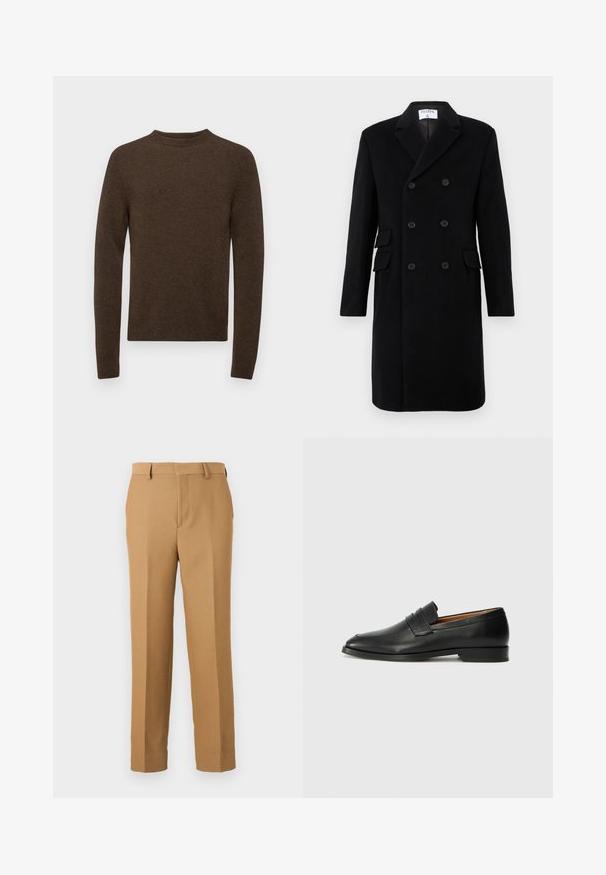 Juodas dvigubo užsegimo vilnonis paltas su išpjautomis apykaklėmis, šešiais mygtukais, kišenėmis su atlapais ir ilgomis rankovėmis, etiketė „Filippa K“ ant apykaklės viduje.; Filippa K SWEATER - Džemperis - driftwood; Kreminės spalvos kelnės, pagamintos iš audinio, turinčios tiesų kirpimą, lygią priekį ir diržo kilpos. Sklandus paviršius be matomų raštų.; Juodas odinis loaferis su apvaliu nosiu, subtiliomis siuvimo detalėmis ir žemu kulnu, pasižymintis lygia tekstūra ir minimalistiniu dizainu.