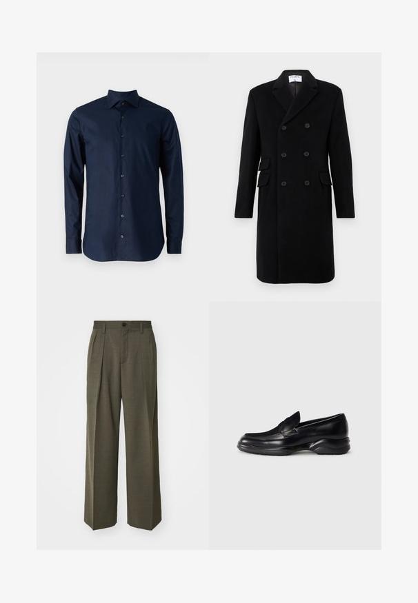 Juodas dvigubo užsegimo vilnonis paltas su išpjautomis apykaklėmis, šešiais mygtukais, kišenėmis su atlapais ir ilgomis rankovėmis, etiketė „Filippa K“ ant apykaklės viduje.; Tamsiai mėlynas medvilninis marškinėliai su ilgomis rankovėmis, su mygtukų užsegimu, smailiu apykakle ir juodais mygtukais priekyje.; Filippa K WIDE TROUSERS - Kelnės - driftwood; Juodi odiniai loaf'eriai su žemu, tekstūruotu guminiu padu ir siuvinėtu dizainu viršuje. Ypatumai: apvalus pirštas ir minimalus papuošimas.
