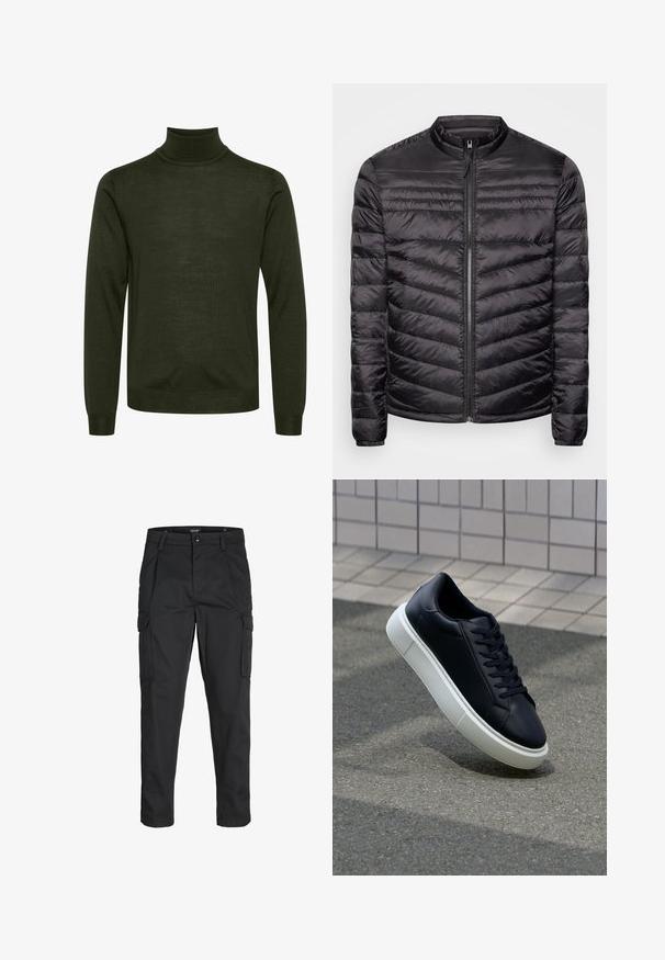 Schwarze Pufferjacke mit hohem Kragen, horizontalem und vertikalem Steppmuster, durchgehendem Reißverschluss vorne und elastischen Bündchen. Leichter und glatter Stoff.; Dunkelgrüner Langarm-Turtleneck-Pullover mit gerippten Bündchen und Saum, der eine glatte Stricktextur aufweist.; Schwarze Cargo-Hose aus robustem Material, mit mehreren Taschen, einem Knopfverschluss und einem Slim-Fit-Design mit schmal zulaufenden Beinen.; Schwarze Leder-Sneaker mit runder Zehenpartie und weißer Gummisohle. Verfügt über flache Schnürsenkel und minimale Nähte im Obermaterial. Strukturiertes Sohlenprofil für besseren Halt.