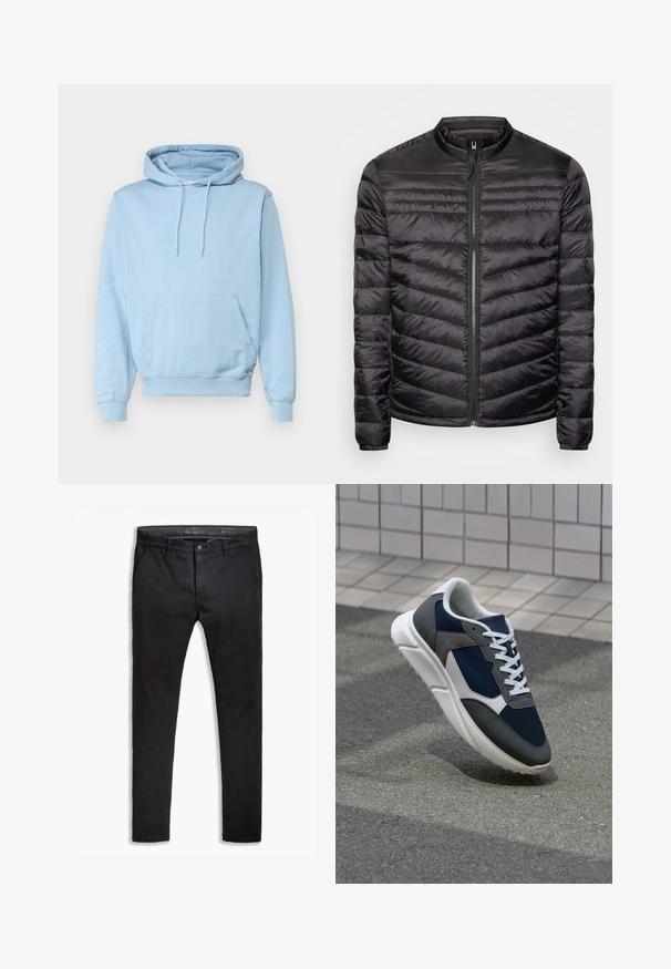 Chaqueta puffer negra con cuello alto, patrón acolchado horizontal y vertical, cremallera frontal completa y puños elásticos. Textura ligera y suave.; Sudadera con capucha de color azul claro, fabricada en un tejido suave, que cuenta con un bolsillo tipo canguro en la parte frontal y capucha con cordón. Puños y dobladillo acanalados.; Chinos de algodón negro con un ajuste entallado, que cuentan con cinco bolsillos, pasadores para cinturón y una textura suave. Cierre de cremallera con botón.; Zapatillas con una parte superior de malla azul marino, detalles en gamuza gris, suela de goma blanca y cordones blancos planos, diseñadas para la comodidad y transpirabilidad.