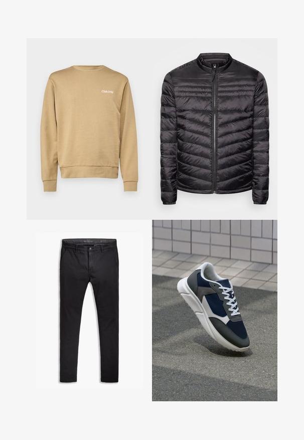 Black puffer jacket with a high neck, horizontal and vertical quilted pattern, full front zipper, and elastic cuffs. Lightweight and smooth texture.; Beige sweatshirt with ribbed crew neck and cuffs, featuring subtle "Club1990" text in white on the left chest area. Smooth texture.; Black cotton chinos with a tapered fit, featuring five pockets, belt loops, and a smooth texture. Zip fly with a button closure.; Sneaker featuring a navy blue mesh upper, gray suede accents, white rubber sole, and flat white laces, designed for comfort and breathability.