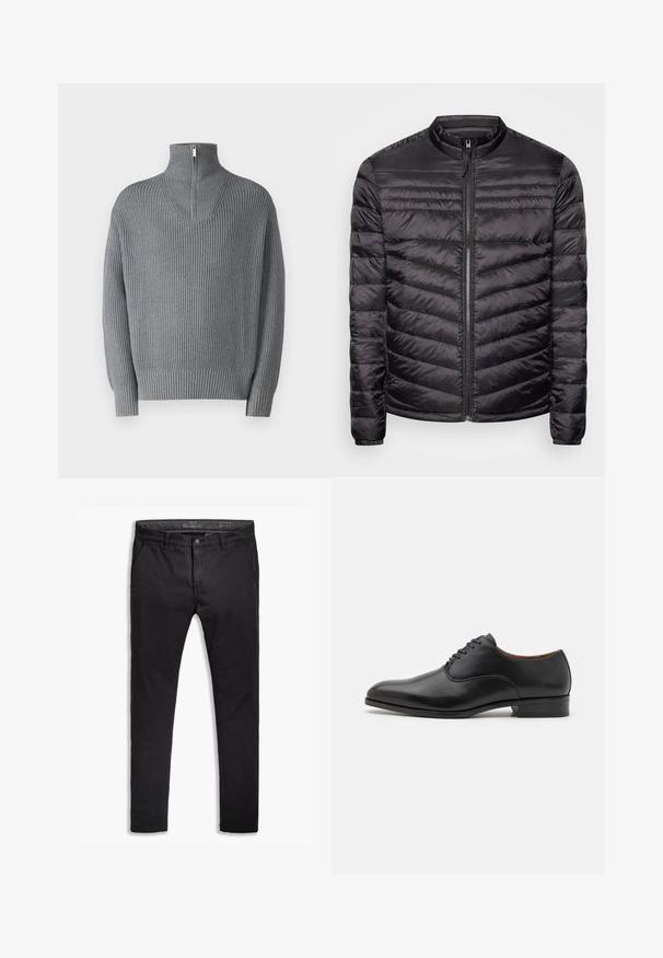 Chaqueta puffer negra con cuello alto, patrón acolchado horizontal y vertical, cremallera frontal completa y puños elásticos. Textura ligera y suave.; Suéter gris de canalé con un alto cuello con cremallera y mangas largas. Presenta un patrón de punto texturizado, con un ajuste relajado y puños elásticos.; Chinos de algodón negro con un ajuste entallado, que cuentan con cinco bolsillos, pasadores para cinturón y una textura suave. Cierre de cremallera con botón.; Zapato de vestir de cuero negro con un acabado suave, punta afilada y diseño de cordones con seis ojales, que presenta un tacón bajo y sutiles acentos de costura.