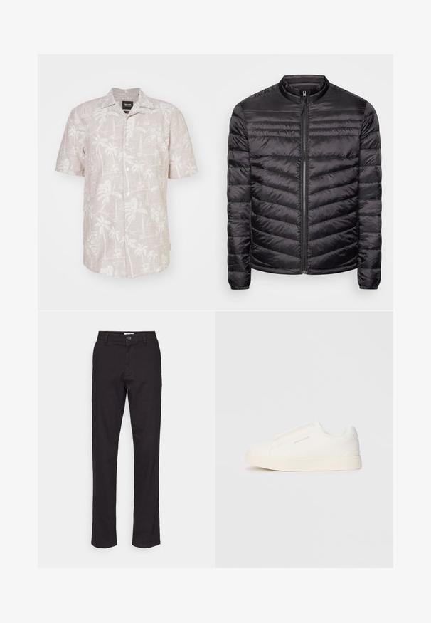 Schwarze Pufferjacke mit hohem Kragen, horizontalem und vertikalem Steppmuster, durchgehendem Reißverschluss vorne und elastischen Bündchen. Leichter und glatter Stoff.; Hemd mit kurzen Ärmeln aus leichtem beigen Leinen, das ein weißes tropisches Muster mit Palmen, Blumen und Segelbooten zeigt.; Schwarze Baumwollhose mit geradem Bein, ausgestattet mit einem vorderen Knopfverschluss und seitlichen Taschen. Glatte Textur und minimale Details.; Weiße Slip-On-Sneaker mit einer strukturierten Oberfläche, dicker Sohle und minimalistischem Design. Mit Logo der Marke an der Seite.