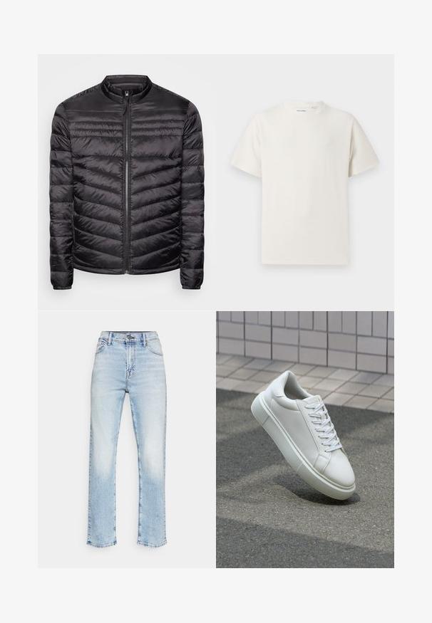 Chaqueta puffer negra con cuello alto, patrón acolchado horizontal y vertical, cremallera frontal completa y puños elásticos. Textura ligera y suave.; Camiseta blanca de manga corta en textura acanalada. Cuello redondo, corte relajado, sin patrones ni acentos visibles. Diseño simple y versátil.; Vaqueros de mezclilla azul claro con diseño de pierna recta, cinco bolsillos y cierre de botón. Acabado desgastado con costuras visibles.; Zapatilla de cuero blanca con una superficie lisa, punta redonda y cordones blancos planos. Presenta una suela de goma texturizada y elementos de diseño mínimos.