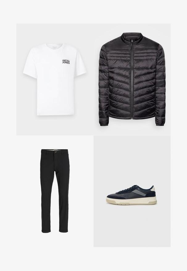 Schwarze Pufferjacke mit hohem Kragen, horizontalem und vertikalem Steppmuster, durchgehendem Reißverschluss vorne und elastischen Bündchen. Leichter und glatter Stoff.; Weißes Baumwoll-T-Shirt mit kurzen Ärmeln und Rundhalsausschnitt. Enthält ein schwarzes Textlogo "JACK & JONES" auf der linken Brustseite. Einfaches, schlichtes Design.; Schwarze Baumwollmischungshose mit schmalem Schnitt, gekennzeichnet durch einen Knopfverschluss, Taschen und umgeschlagenen Säumen für einen lässigen Abschluss.; BOSS BALTIMORE - Sneaker low - open blue