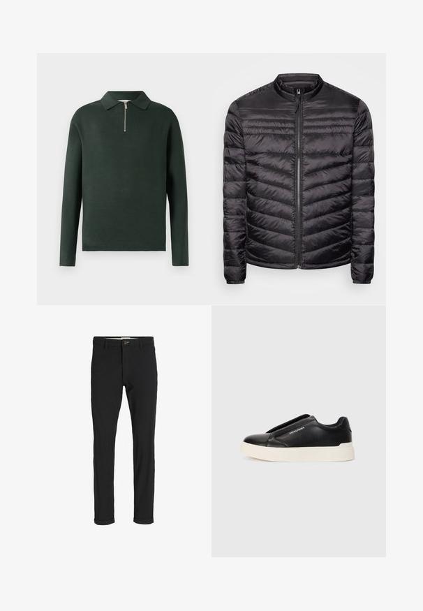 Schwarze Pufferjacke mit hohem Kragen, horizontalem und vertikalem Steppmuster, durchgehendem Reißverschluss vorne und elastischen Bündchen. Leichter und glatter Stoff.; Dunkelgrünes Langarm-Polohemd mit Kragen und einem halben Reißverschluss auf der Vorderseite. Hergestellt aus einem weichen Material mit glatter Textur.; Schwarze Baumwollmischungshose mit schmalem Schnitt, gekennzeichnet durch einen Knopfverschluss, Taschen und umgeschlagenen Säumen für einen lässigen Abschluss.; Schwarzer Schlupfschuh aus strukturiertem Lederobermaterial, mit weißer Gummisohle und ohne sichtbare Schnürsenkel. Mit Markenlogo an der Seite.