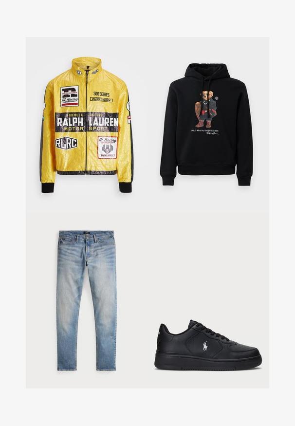 Geltona, tekstūruota lenktynių striukė su keliais spausdintais logotipais ir emblemomis, juodais akcentais ant rankovių ir rankogalių, visiškai užtraukiama.; Juodas kapučinas su lokiu, dėvinčiu saulės akinius, paltą, batus ir laikančiu medinį raketą, apačioje tekstas "Polo Bear by Ralph Lauren".; Šviesiai mėlyni džinsai su išblukusiu paviršiumi, penkių kišenių dizainu ir kontrastingomis siūlėmis. Turi užtrauktuką ir diržo kilpas. Tiesus kirpimas.; Juodi odiniai sportbačiai su perforuotu dizainu, plokščia raištelių uždanga ir balta išsiuvinėta logo šone. Storais juodais gumos padais.