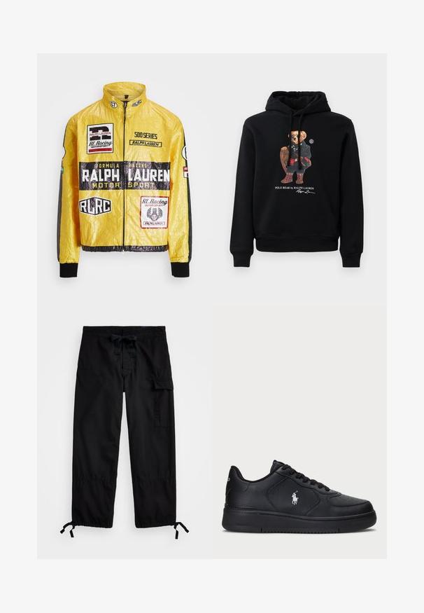 Dzeltena, teksturēta sacīkšu jaka ar vairākiem drukātiem logo un uzšuvēm, ar melniem akcentiem piedurkņu un apkakles daļās, pilnībā ar rāvējslēdzēju.; Melnā kapuce ar lāci, kas valkā saulesbrilles, mēteļus, zābakus un tur koka raketi, zem kura ir uzraksts "Polo Bear by Ralph Lauren".; Melni kravas bikses ar elastīgu jostasvietu un auklu. Iekļauj sānu kabatas un regulējamus garumus ar cilpām. Izgatavotas no viegla auduma.; Melni ādas sporta apavi ar perforētu dizainu, plakanu auklu aizdari un baltu izšūtu logotipu sānos. Resna melna gumijas zole.