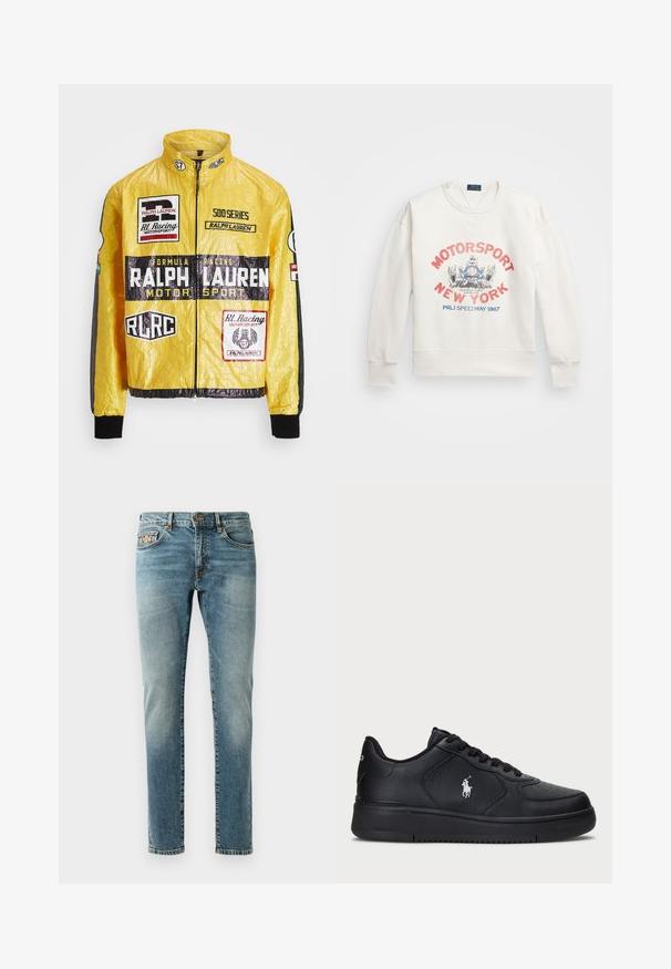 Sárga, textúrált versenydzseki, több nyomtatott logóval és folttal, fekete részletekkel az ujjakon és mandzsettákon, teljes hosszúságú cipzárral.; Fehér kapucnis pulóver bordás mandzsettával és heméllyel. Jellemzője egy színes grafika "MOTORSPORT NEW YORK" felirattal és versenytervvel. Klasszikus környakú stílus.; Világoskék farmernadrág egyenes fazonnal, öt zsebbel, sárgaréz hardverrel és enyhe kopással a lábakon. Klasszikus varrási részletek.; Fekete bőr sneaker cipők perforált mintával, lapos fűzős záródással és fehér hímzett logóval az oldalon. Vastag fekete gumitalp.