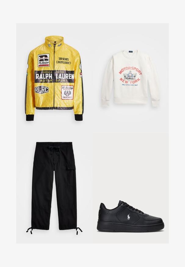 Yellow, textured racing jacket featuring multiple printed logos and patches, with black accents on sleeves and cuffs, full zip closure.; White sweatshirt with ribbed cuffs and hem. Features a colorful graphic with "MOTORSPORT NEW YORK" and a racing design. Classic crewneck style.; Black cargo pants with elastic waistband and drawstring. Features side pockets and adjustable cuffs with toggles. Made of lightweight fabric.; Black leather sneakers with a perforated design, flat lace-up closure, and a white embroidered logo on the side. Thick black rubber sole.