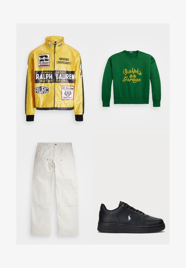 Gul, texturerad racjacka med flera tryckta logotyper och märken, med svarta accenter på ärmar och mudd, hel dragkedja.; Grön sweatshirt med rundad halsringning, med gulbroderad text "Ralph’s Garage" och rutigt flaggmönster. Material i bomullsblandning.; Vita bomullbyxor med avslappnad passform, med framfickor, detaljer i guld och knäskydd.; Svarta lädersneakers med perforerat mönster, platt snörning och en vit broderad logotyp på sidan. Tjock svart gummisula.