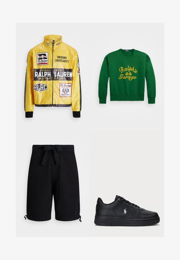 Sárga, textúrált versenydzseki, több nyomtatott logóval és folttal, fekete részletekkel az ujjakon és mandzsettákon, teljes hosszúságú cipzárral.; Zöld pulóver kerek nyakkal, sárga hímzett "Ralph's Garage" felirattal és kockás zászlós részletekkel. Pamut keverék anyag.; Fekete fürdőnadrág könnyű anyagból, derékon állítható zsinórral és a szegélyeknél állítható részletekkel.; Fekete bőr sneaker cipők perforált mintával, lapos fűzős záródással és fehér hímzett logóval az oldalon. Vastag fekete gumitalp.
