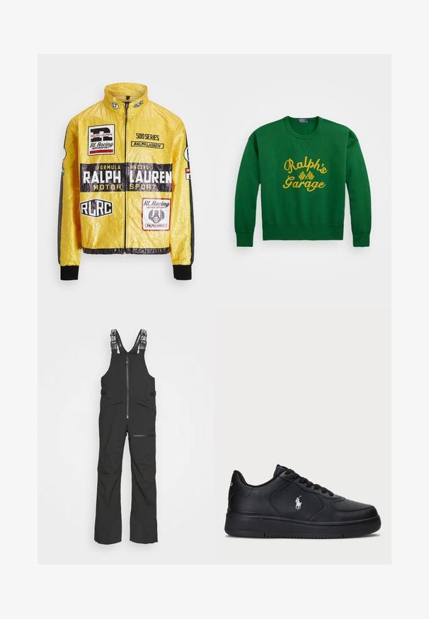 Giacca da corsa gialla, texturizzata, con molteplici loghi e toppe stampate, dettagli neri su maniche e polsini, chiusura con zip completa.; Felpa verde con scollo rotondo, caratterizzata da testo ricamato giallo "Ralph’s Garage" e dettagli con bandiera a scacchi. Materiale in misto cotone.; La salopette nera impermeabile presenta bretelle regolabili, una zip frontale e diverse tasche, con pannelli rinforzati sulle gambe per una maggiore durata.; Sneaker nere in pelle con design perforato, chiusura piatta con lacci e logo ricamato bianco sul lato. Sole in gomma nera spessa.