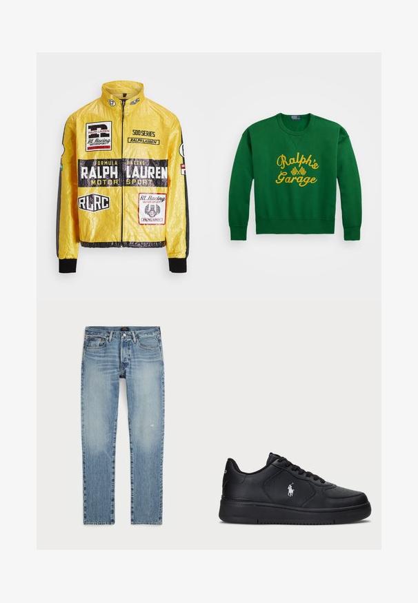 Žlutá, texturovaná závodní bunda se spoustou potištěných log a nášivek, s černými akcenty na rukávech a manžetách, plně zipová.; Zelená mikina s kulatým výstřihem, s žlutě vyšitým textem "Ralph's Garage" a detaily šachovnicové vlajky. Materiál z bavlny a syntetiky.; Světle modré džíny z denimu se střihnutím rovného nohavice, s vybledlým omytím, jemným žlabením a standardním designem s pěti kapsami.; Černé kožené tenisky s perforovaným designem, plochým šněrováním a bílým vyšitým logem na boku. Tlustá černá gumová podrážka.