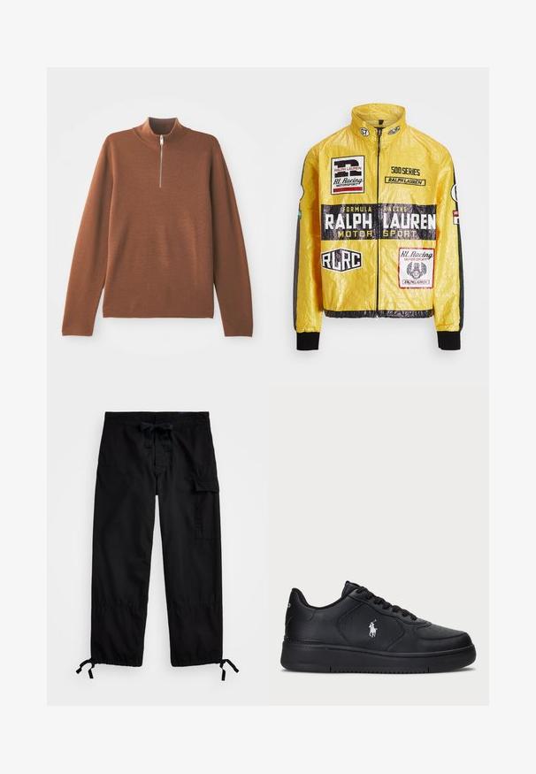 Keltainen, teksturoitu kilpajakku, jossa on useita painettuja logoja ja tarroja, mustilla yksityiskohdilla hihoissa ja hihansuissa, täysipitkä vetoketjusulku.; Ruskea pitkähihainen neule, jossa on korkea kaula ja osittainen vetoketju. Kangas näyttää pehmeältä, ja siinä on sileä ja tasainen rakenne.; Mustat cargo-housut, joissa on joustava vyötärö ja kiristysnauha. Ominaisuuksina sivutaskut ja säädettävät lahkeet, joissa on säädettävät togglet. Valmistettu kevyestä kankaasta.; Mustat nahkakengät, joissa on rei'itetty muotoilu, tasaiset nauhakampaus ja valkoinen brodeerattu logo sivussa. Paksu musta kumipohja.