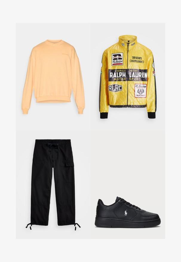 Chaqueta de carrera amarilla y texturizada con múltiples logotipos y parches impresos, con detalles en negro en las mangas y los puños, cierre de cremallera completa.; Sudadera de color durazno hecha de algodón suave. Presenta un cuello redondo, hombros caídos, puños de canalé y un pequeño logo en el pecho.; Pantalones cargo negros con cinturilla elástica y cordón. Cuenta con bolsillos laterales y puños ajustables con reguladores. Fabricado en tejido ligero.; Zapatillas de cuero negro con un diseño perforado, cierre plano con cordones y un logo bordado en blanco en el lateral. Suela de goma negra gruesa.