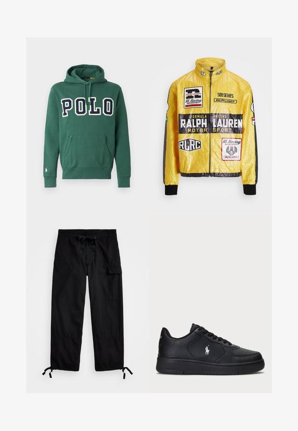 Κίτρινο, υφασμάτινο σακάκι αγώνων με πολλές εκτυπωμένες λογότυπα και επι patches, με μαύρες λεπτομέρειες στα μανίκια και τους καρπούς, πλήρης φερμουάρ.; Πράσινη αθλητική μπλούζα φτιαγμένη από απαλό βαμβάκι, με μεγάλο λογότυπο "POLO" σε ναυτικό χρώμα, μπροστινή τσέπη, ρυθμιζόμενη κουκούλα με κορδόνι και μικρό λογότυπο στο μανίκι.; Μαύρο cargo παντελόνι με ελαστική μέση και κορδόνι. Διαθέτει πλαϊνές τσέπες και ρυθμιζόμενους αστραγάλους με κωδικούς πρόσδεσης. Κατασκευασμένο από ελαφρύ ύφασμα.; Μαύρα δερμάτινα αθλητικά παπούτσια με διάτρητο σχέδιο, επίπεδο κλείσιμο με κορδόνια και λευκό κεντητό λογότυπο στο πλάι. Παχύ μαύρο καουτσούκ σόλα.