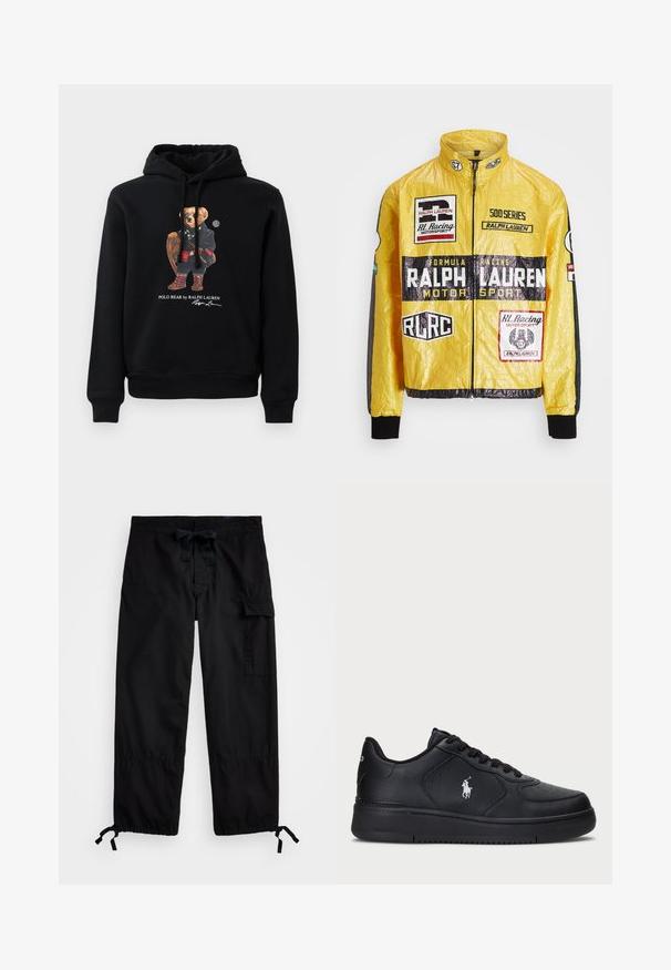 Dzeltena, teksturēta sacīkšu jaka ar vairākiem drukātiem logo un uzšuvēm, ar melniem akcentiem piedurkņu un apkakles daļās, pilnībā ar rāvējslēdzēju.; Melnā kapuce ar lāci, kas valkā saulesbrilles, mēteļus, zābakus un tur koka raketi, zem kura ir uzraksts "Polo Bear by Ralph Lauren".; Melni kravas bikses ar elastīgu jostasvietu un auklu. Iekļauj sānu kabatas un regulējamus garumus ar cilpām. Izgatavotas no viegla auduma.; Melni ādas sporta apavi ar perforētu dizainu, plakanu auklu aizdari un baltu izšūtu logotipu sānos. Resna melna gumijas zole.