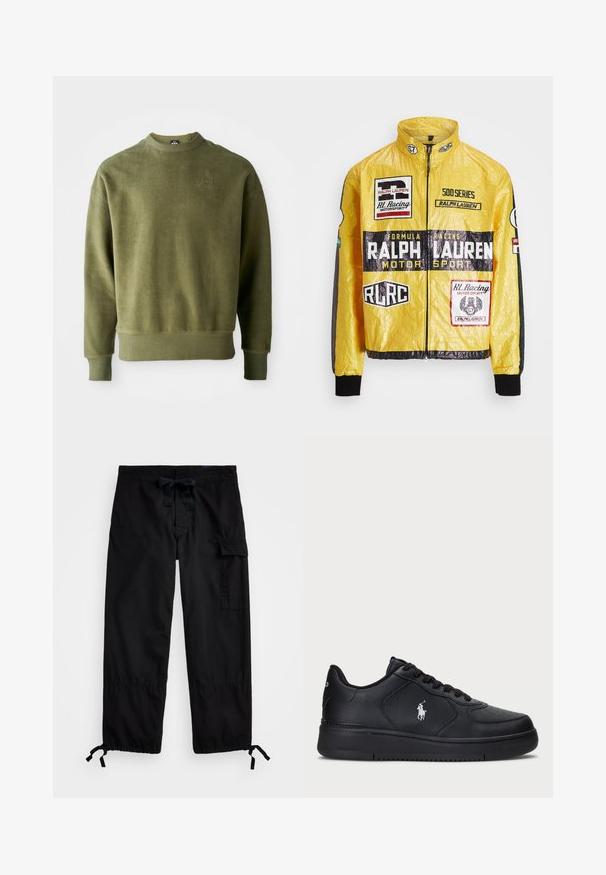 Sárga, textúrált versenydzseki, több nyomtatott logóval és folttal, fekete részletekkel az ujjakon és mandzsettákon, teljes hosszúságú cipzárral.; Olíva zöld pulóver, texturált felülettel, hosszan szabott ujjakkal, bordás mandzsettákkal és hempergővel, valamint finom hímzett részlettel a mellrészen.; Fekete cargo nadrág rugalmas derékkal és húzózsinórral. Oldalsó zsebekkel és állítható mandzsettákkal rendelkezik, amelyeken toggle zár van. Könnyű szövetből készült.; Fekete bőr sneaker cipők perforált mintával, lapos fűzős záródással és fehér hímzett logóval az oldalon. Vastag fekete gumitalp.