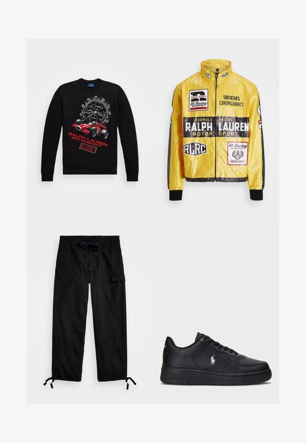 Dzeltena, teksturēta sacīkšu jaka ar vairākiem drukātiem logo un uzšuvēm, ar melniem akcentiem piedurkņu un apkakles daļās, pilnībā ar rāvējslēdzēju.; Melna džemperis ar gariem piedurknēm, kurā redzams sarkans sacīkšu auto attēls, ātruma mērītāja dizains un sarkans teksts "RALPH LAUREN MOTORSPORT".; Melni kravas bikses ar elastīgu jostasvietu un auklu. Iekļauj sānu kabatas un regulējamus garumus ar cilpām. Izgatavotas no viegla auduma.; Melni ādas sporta apavi ar perforētu dizainu, plakanu auklu aizdari un baltu izšūtu logotipu sānos. Resna melna gumijas zole.